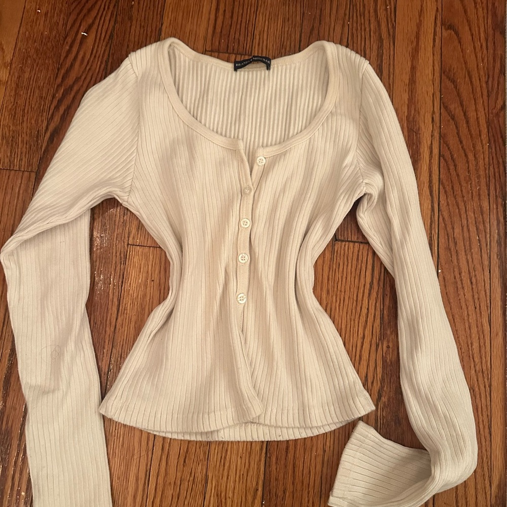 Brandy Melville Beige Ribbed Button-Down Shirt